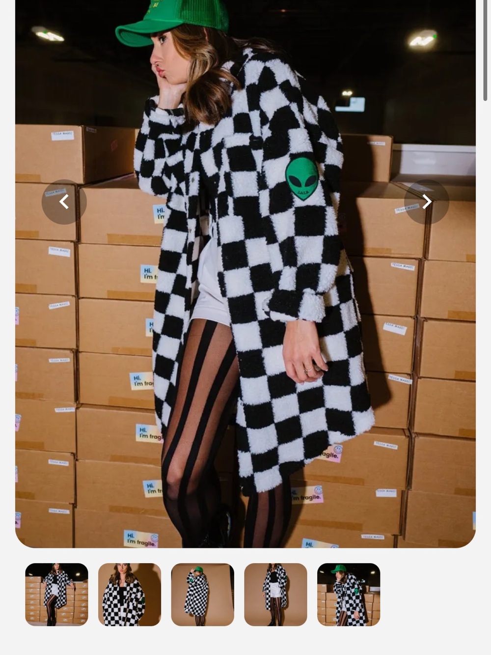 Dressed in LaLa Checkerboard Fuzzy Coat Out of This World - Black & White